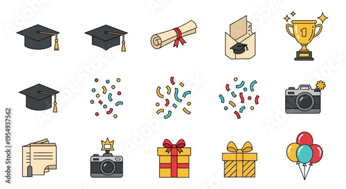 Collection of graduation and celebration themed icons including caps, diplomas, trophies, confetti, cameras, gifts, and balloons.