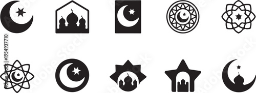 Islamic religious symbols and mosque icons with crescent moon and star motifs