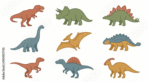 A delightful set of colorful vector dinosaur illustrations, featuring nine different prehistoric creatures like T-Rex and Stegosaurus, ideal for kids' education, books, or playful designs