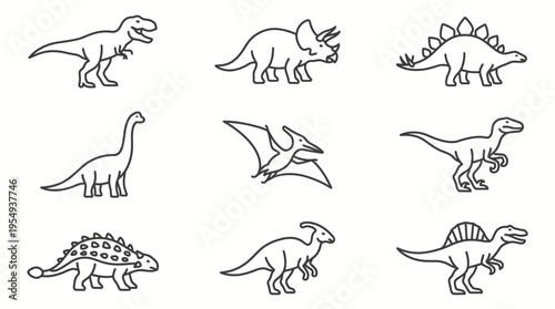 Collection of various dinosaur line icons, vector prehistoric animal silhouettes for design projects, featuring Tyrannosaurus, Triceratops, Stegosaurus, and other ancient creatures