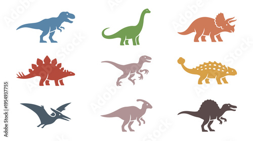 Diverse Collection of Dinosaur Silhouettes in Various Poses and Colors, Ideal for Educational and Design Projects