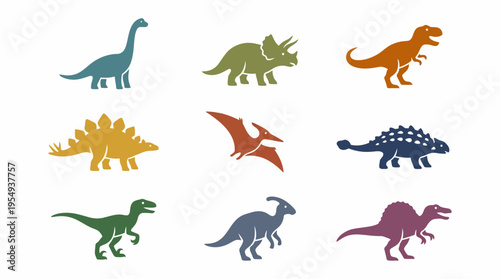 Collection of stylized dinosaur illustrations in various poses and colors, perfect for educational or playful designs