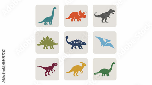 A vibrant collection of nine diverse prehistoric dinosaur silhouettes, each a unique vector illustration, perfect for educational content, children's books, or themed decorations