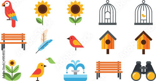Park Elements Set with Birds Benches Birdhouses Flowers Fountain and Binoculars, Cartoon Nature Collection for Outdoor Recreation and Garden Illustration Design