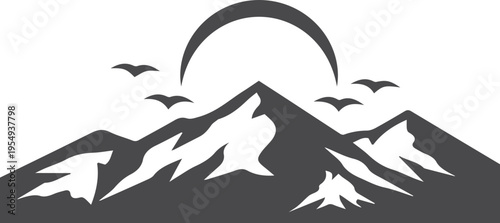 Mountain Landscape Silhouette with Sun and Birds, Nature Adventure Vector Illustration