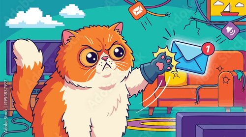 A grumpy ginger cat, vexed by constant digital notifications, bats away an incoming email, embodying the modern struggle against information overload in a vibrant pixelated setting