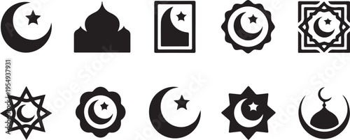 Islamic religious symbols and mosque icons with crescent moon and star on white background