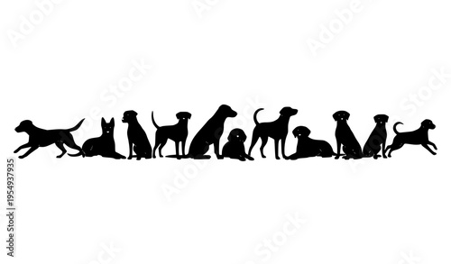 Black dog silhouettes vector set with different breeds in running sitting and standing poses isolated on white