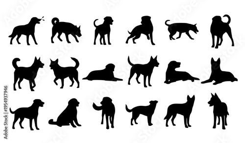 Dog silhouette collection in grid layout vector with multiple poses walking barking and resting isolated on white