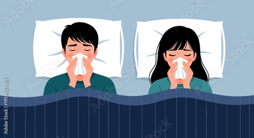 Illustration of a sick couple blowing their noses in bed