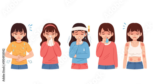 Illustration of five cartoon women experiencing various symptoms like headache, fever, and cough on a white background.
