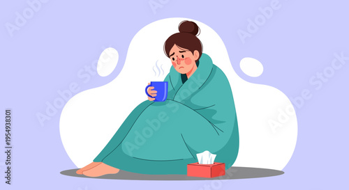 Illustration of a sick woman sitting with a cup of tea and tissues in a cozy setting.