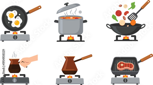 Cooking Process Set with Frying Pan Boiling Pot Grilling Steak and Coffee Preparation, Kitchen Activity Collection for Food Recipes and Culinary Illustration Design
