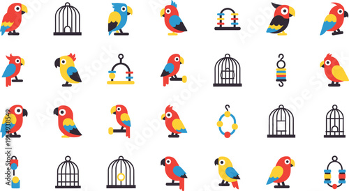 Colorful Parrot Bird Set with Cages Toys and Accessories, Cute Cartoon Tropical Pet Collection for Kids Illustration and Exotic Wildlife Design