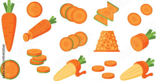 Carrot Food Set with Whole Sliced and Grated Pieces, Fresh Vegetable Collection for Cooking, Healthy Nutrition, and Organic Ingredient Illustration Design