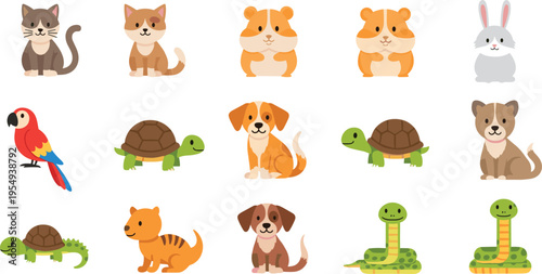 Cute Pet and Animal Set with Cats Dogs Hamsters Rabbit Turtle Parrot Snake and Lizard, Cartoon Domestic and Exotic Collection for Kids Illustration