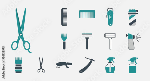 Collection of professional barber and hairstylist tools for grooming and styling.