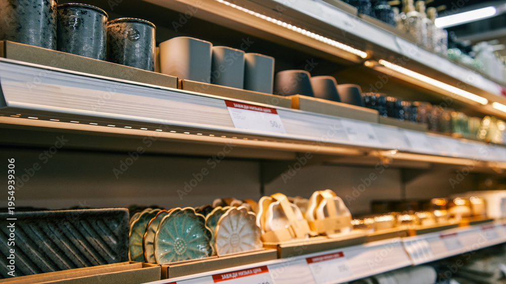 Εκτύπωση καμβά Retail store shelves displaying various home decor items and kitchenware under b