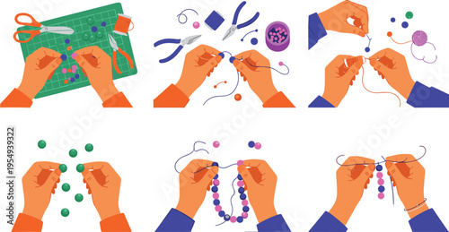 Handmade Jewelry Craft Process Set with Hands Making Beaded Bracelets Sewing Threading and DIY Accessories Cartoon Vector Illustration Collection