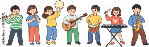 Kids Music Band Set with Children Playing Guitar Keyboard Drum Flute Saxophone Tambourine Cartoon Style School Performance Vector Illustration Collection