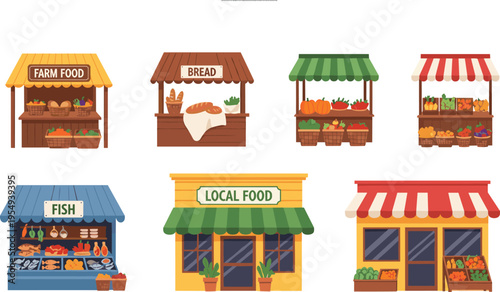 Local Market Stalls Set with Fresh Food Bread Fish and Grocery Shops Outdoor Street Vendor Booths Cartoon Vector Illustration Collection