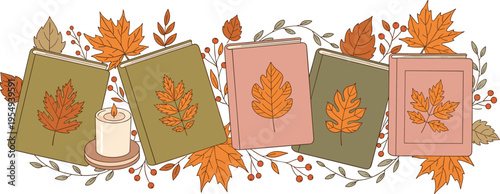 Autumn Books and Leaves Composition with Cozy Candle, Fall Season Reading Scene, Warm Floral Arrangement in Aesthetic Vector Illustration Design