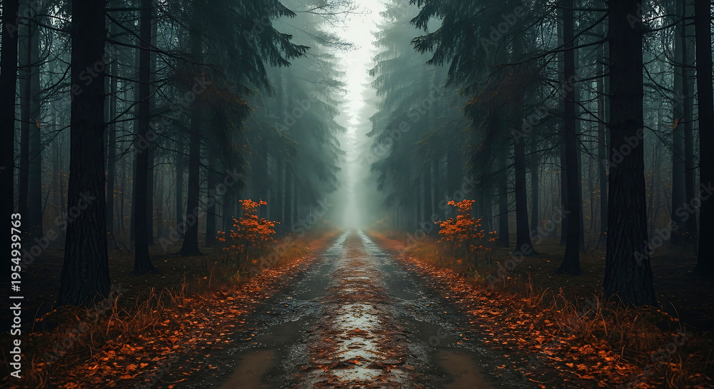 Obraz premium A dirt road in a forest with trees and orange leaves on the ground