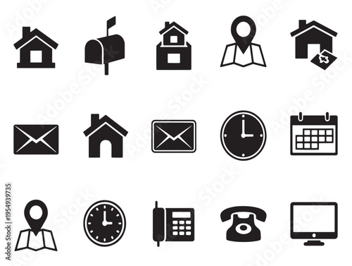 A collection of black icons on a white background