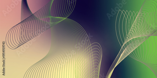 Luminous green, DarkBlue, and Bisque light ribbons curving smoothly across a deep shadowy background filled with tiny glittering particles, futuristic digital technology concept, vector illustration.