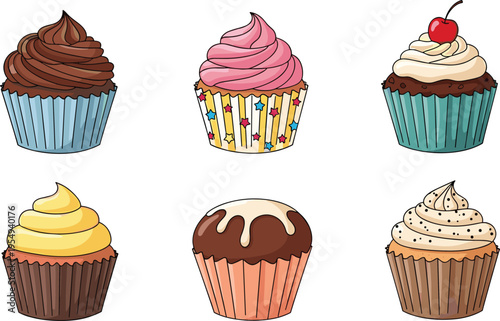 Cupcake Illustration Set with Different Flavors and Frosting Styles, Sweet Dessert Collection with Chocolate, Vanilla, and Fruit Toppings in Cartoon Vector Style