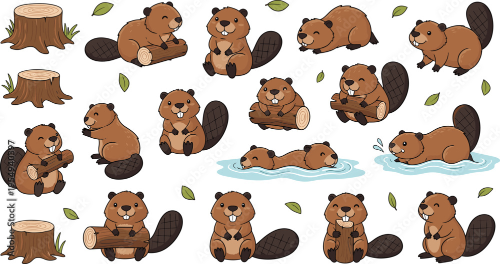 Fototapeta premium Cute Beaver Characters Set with Forest Animals Building Dam Carrying Wood Swimming and Nature Wildlife Cartoon Vector Illustration Collection