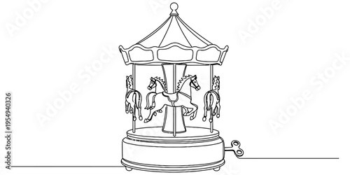 Continuous One Line Drawing Of Vintage Carousel Horse Music Box