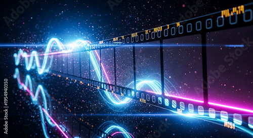A film strip with neon lights and a starry background