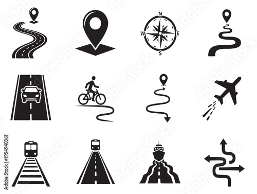 Icons of various transportation modes and navigation symbols