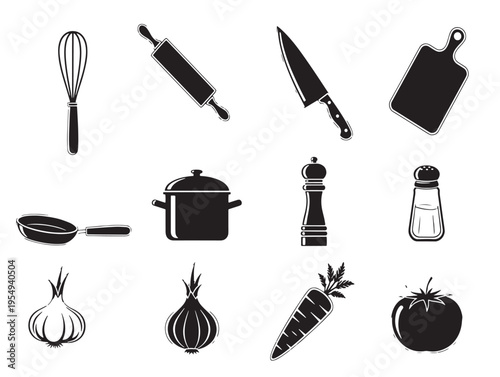 Kitchen utensils and vegetables icons