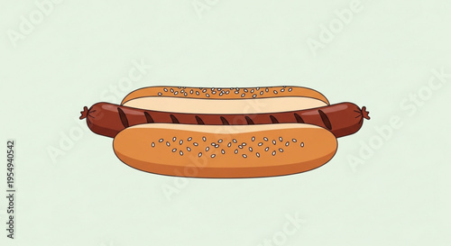 Delicious grilled hot dog on a toasted bun with sesame seeds on a light background