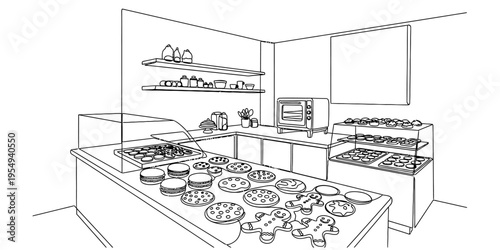 Continuous One Line Drawing of Cozy Bakery Shop Interior Scene