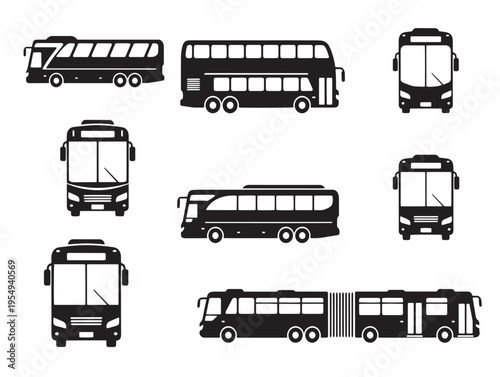 A set of black bus silhouettes in various orientations