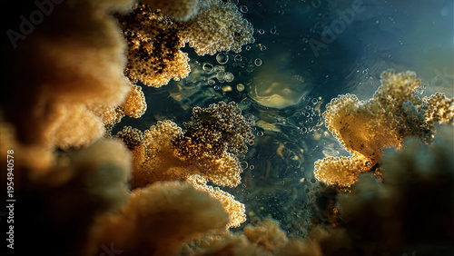 Surreal underwater coral reef made of translucent blue and cream coffee-foam fan structures in deep ocean light