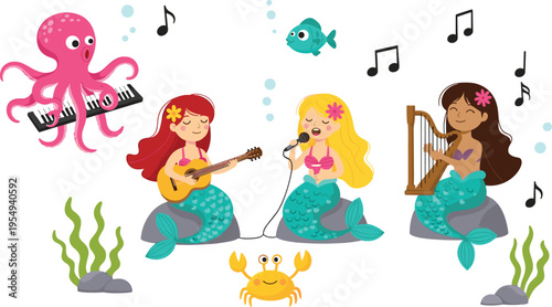 Cute Mermaid Music Band with Octopus Piano Guitar Singer and Harp Cartoon Characters Underwater Ocean Scene for Kids Illustration Design