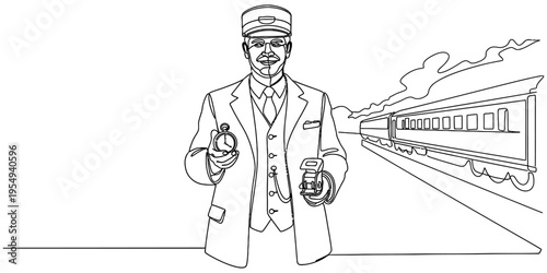 Continuous One Line Drawing of Vintage Train Conductor with Watch