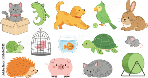 Cute Pets and Animals Set with Cat Dog Rabbit Turtle Bird Hamster and Farm Creatures Cartoon Style Vector Illustration Collection