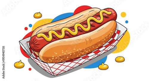 Delicious hot dog with mustard in a bun on a red and white checkered paper