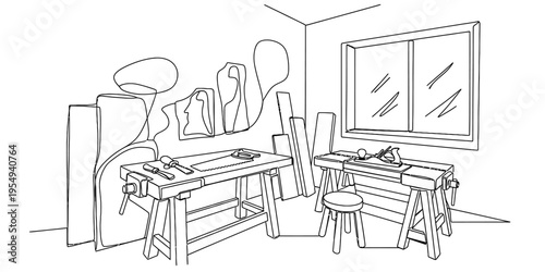 Continuous One Line Drawing of Woodworking Workshop and Carpenter Workbench