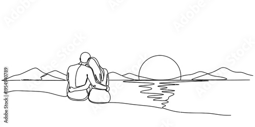 Continuous One Line Drawing of Couple Watching Romantic Sunset Over Ocean