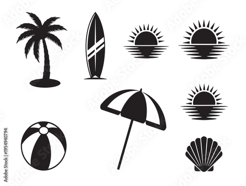Black and white beach icons including palm tree and umbrella