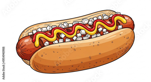 Delicious hot dog with ketchup mustard and onions on a bun perfect for food and snack concepts