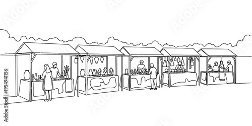 Continuous One Line Drawing of Outdoor Farmers Market Stall Street