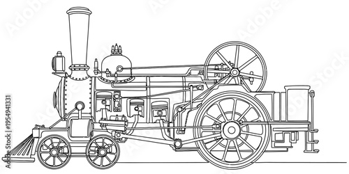 Detailed Continuous One Line Drawing of Vintage Steam Locomotive Train