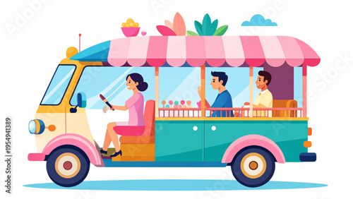 Three-wheeled tuk-tuk taxi with driver and passenger, colorful flat vector illustration of urban transport
